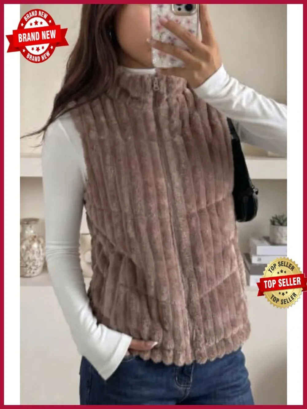 Sleeveless Striped Zip-Up Vest with Stand Collar Puffer Jacket